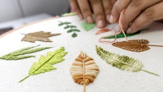 HAND EMBROIDERY FOR BEGINNERS 10 Types of Leaves [upl. by Koblas]