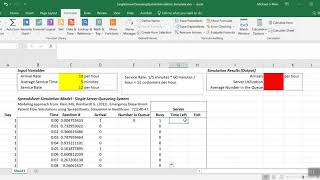 Spreadsheet Simulation Model  Single Server Queueing System BY MINUTE Model 1 [upl. by Othella]