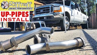 2001 F350 73  RiffRaff UpPipes Install  Stock up pipes leaking and falling apart JUNK SP [upl. by Doownyl442]