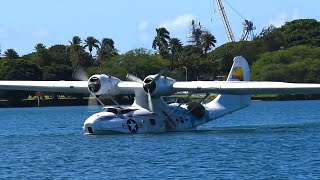 WW2 PBY Catalina Amphibious Aircraft Conducts Water Takeoff At Pearl Harbor Hawaii [upl. by Sadnalor726]